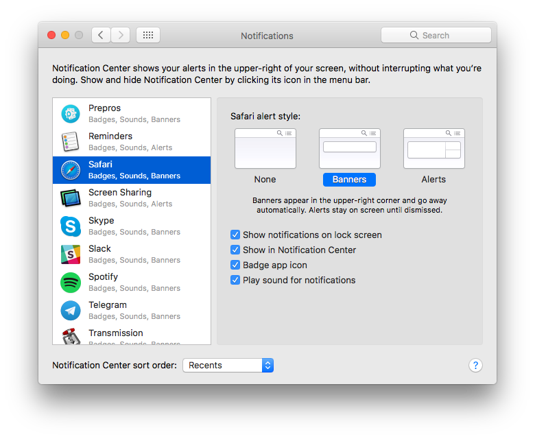 Notifications preferences Safari